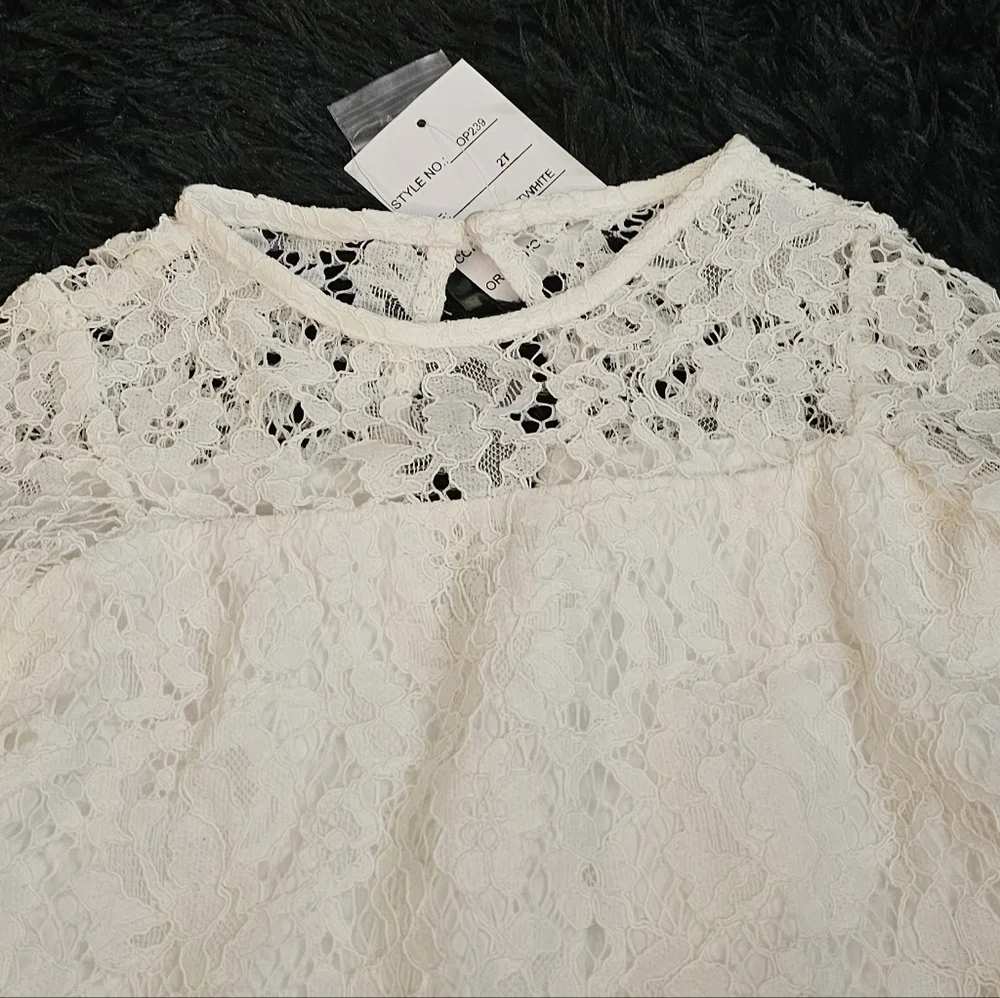 DAVID'S Bridal Short Lace Flower Girl Dress with Illusion Sleeves White 2T - Picture 5 of 8